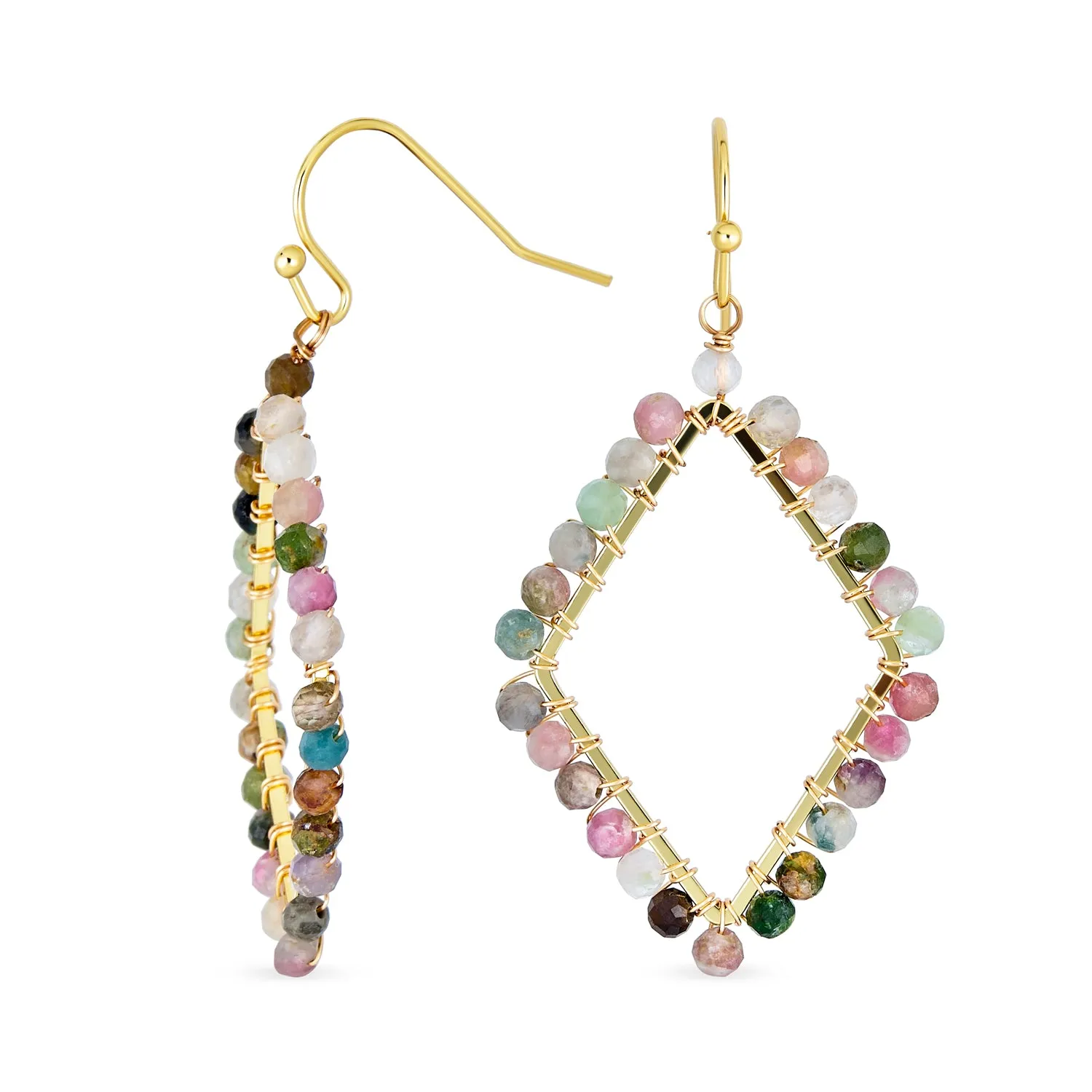 Boho Geometric Dangle Gemstone Earrings Fluorite 18K Gold Plated Lightweight