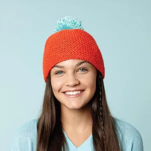 Caron Knit Beanie With Bright Pompom