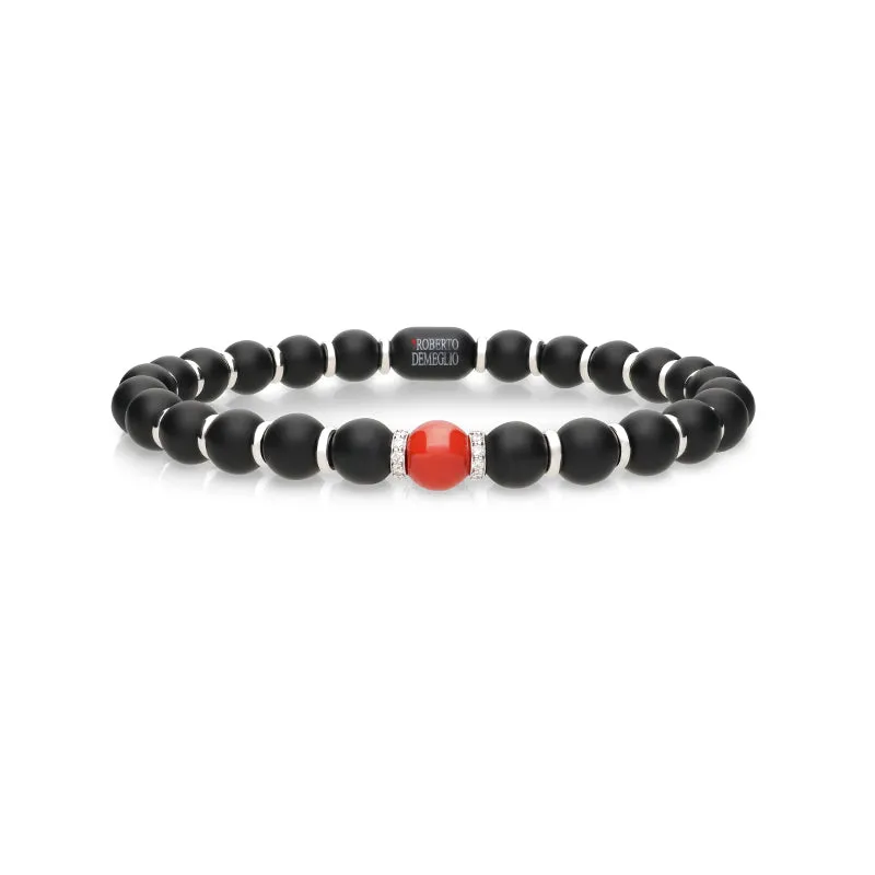 DEMEGLIO 'SFERA' 18CT WHITE GOLD CORAL SPHERE AND DIAMONDS BLACK STRETCH BRACELET