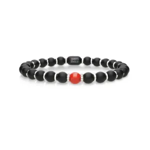 DEMEGLIO 'SFERA' 18CT WHITE GOLD CORAL SPHERE AND DIAMONDS BLACK STRETCH BRACELET