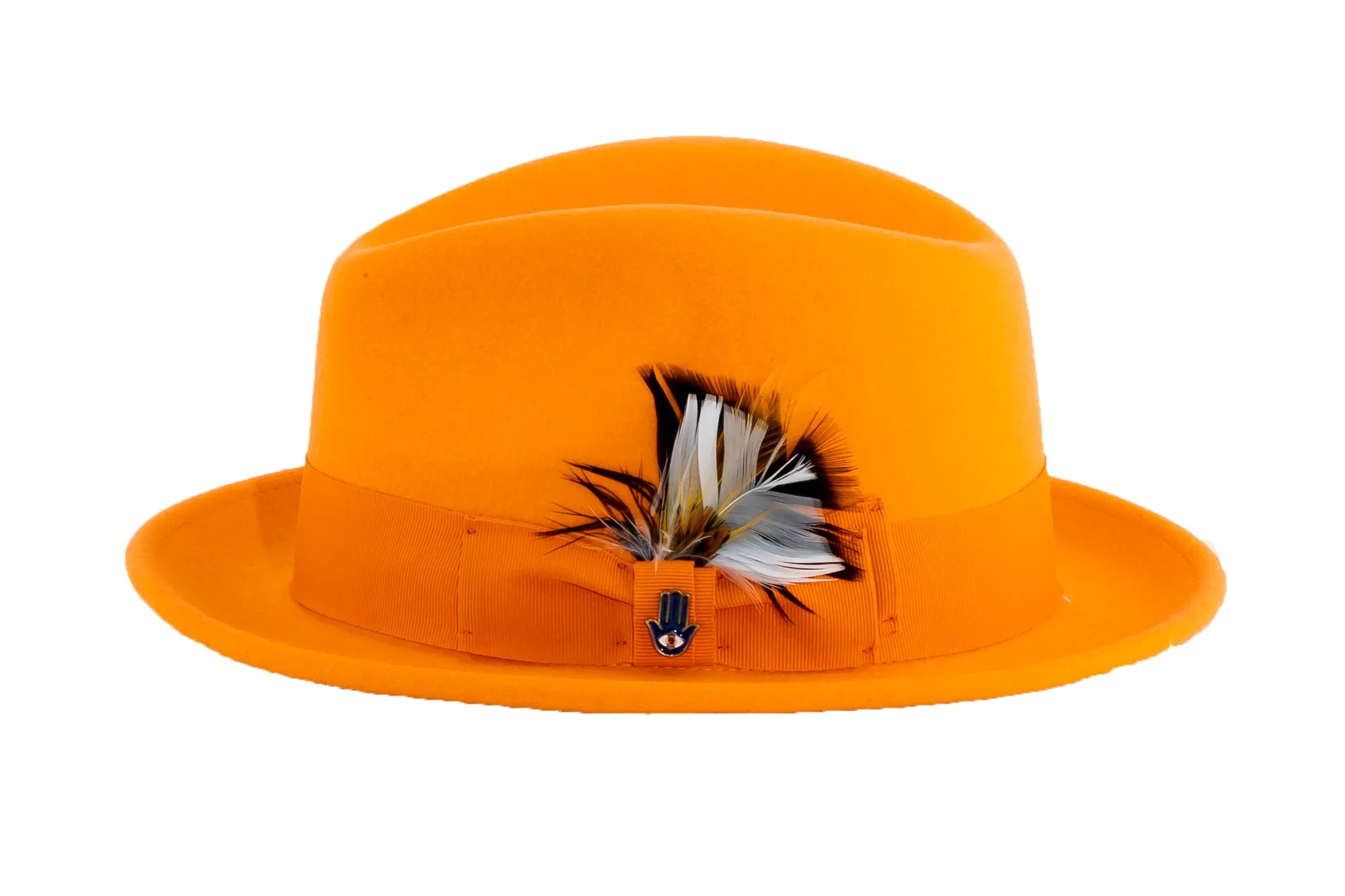 Ferrecci Brooks Trilby Soft 100% Australian Wool Felt Body with Removable Feather Fully Crushable tangerine hat Great for Travel