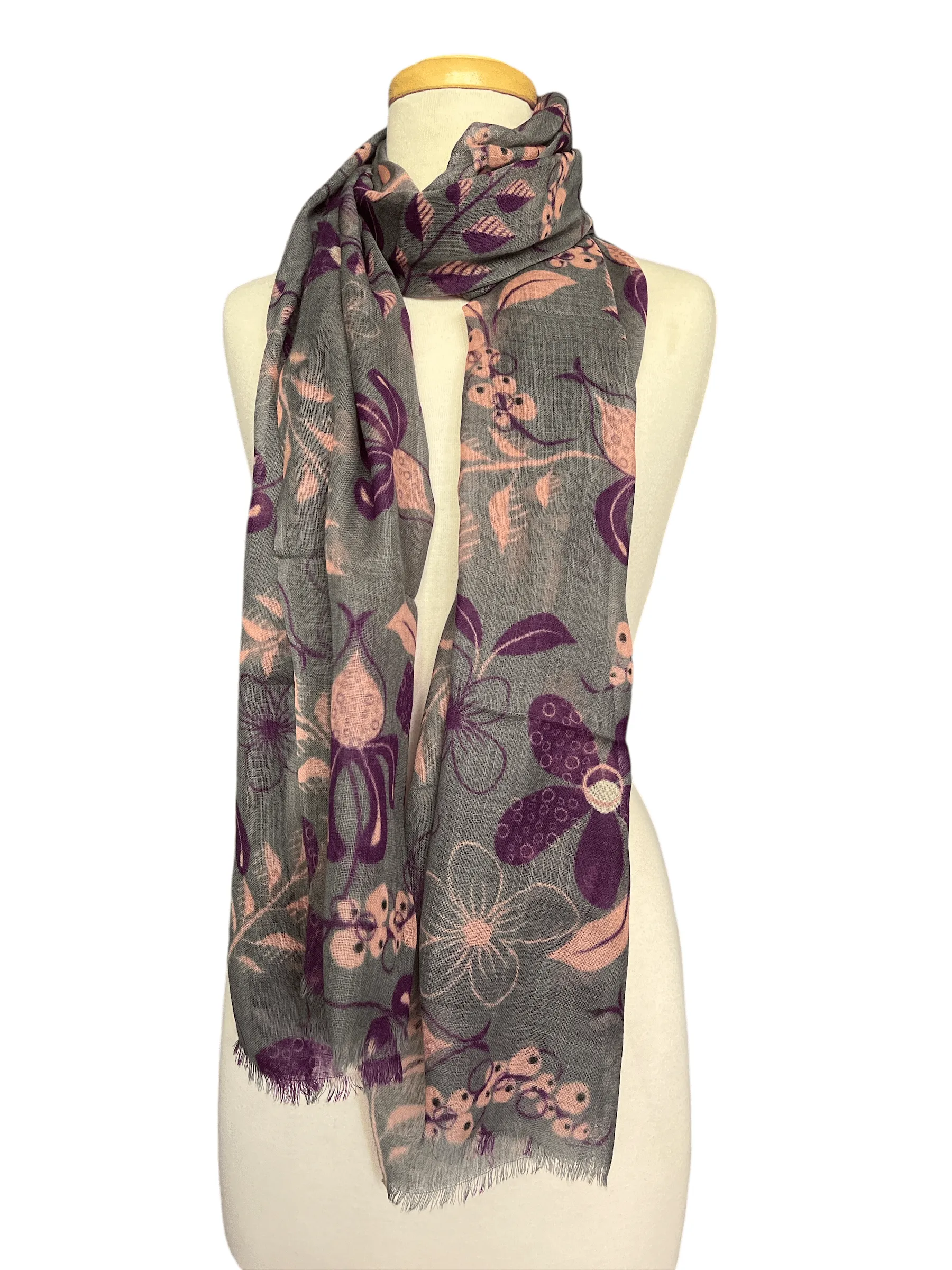 Floral Scarf - Fine Wool Luxury - Grey Purple Pink