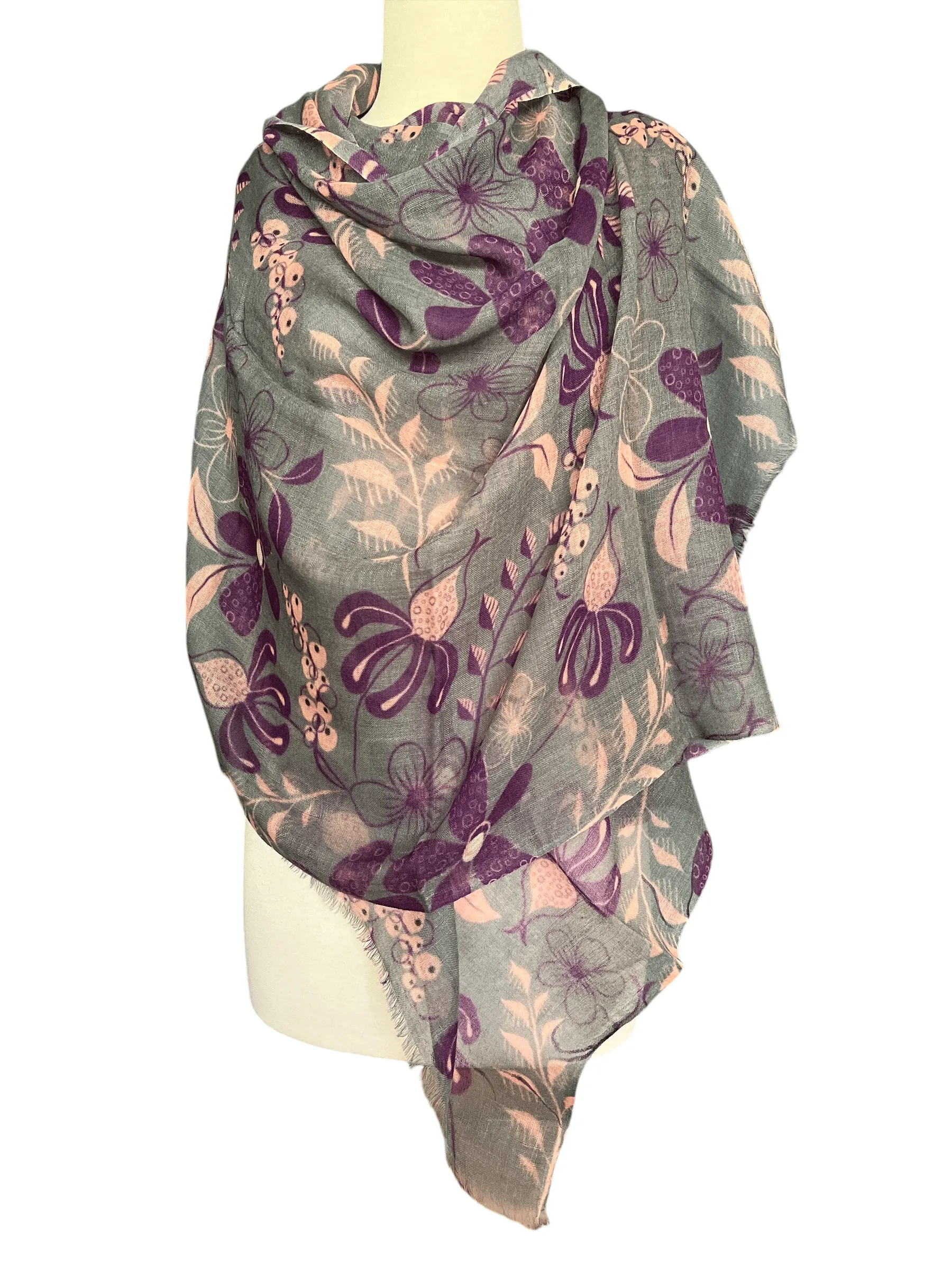 Floral Scarf - Fine Wool Luxury - Grey Purple Pink