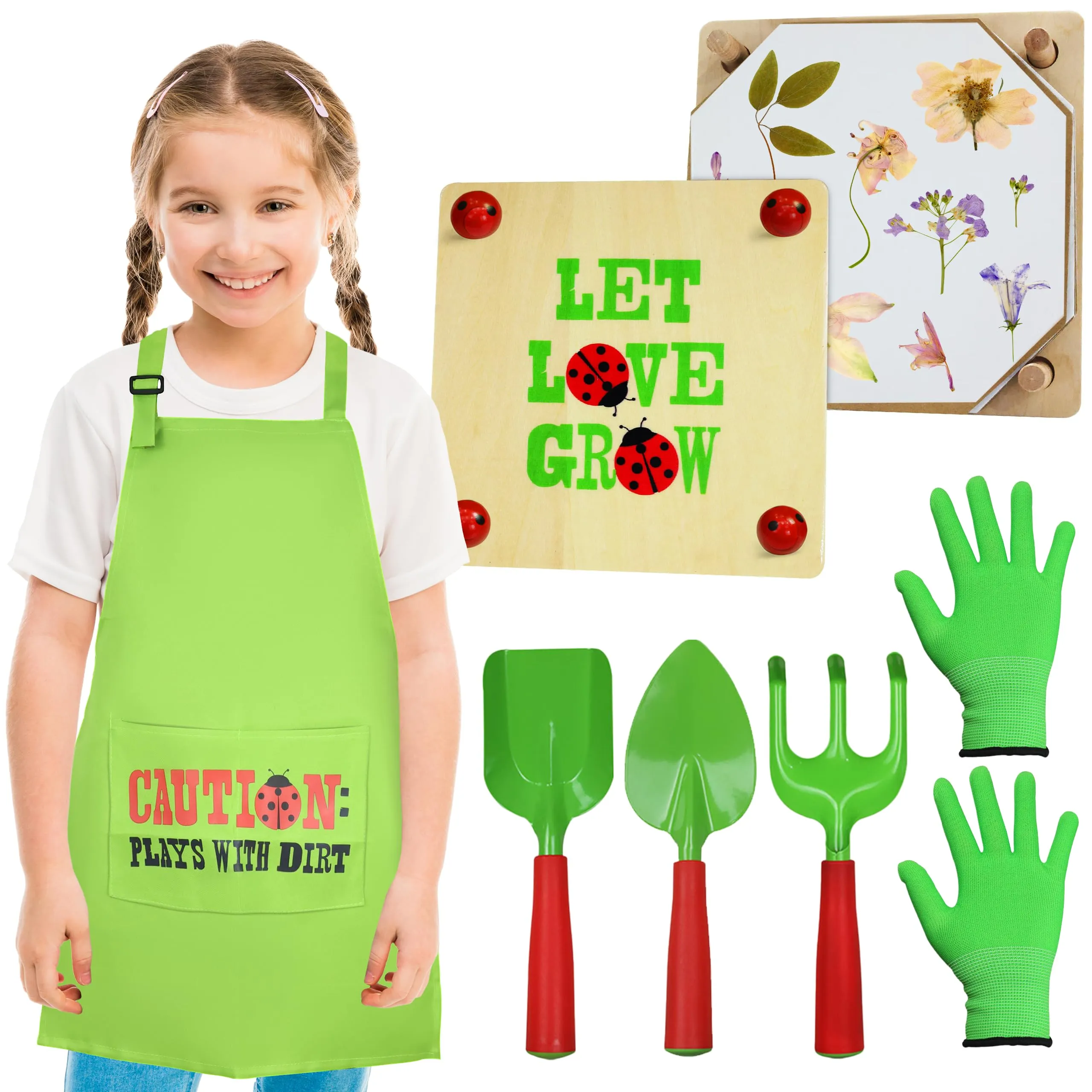 Gardening Pretend Play Set & Flower Press Kit - Kids Gardening Set With Apron