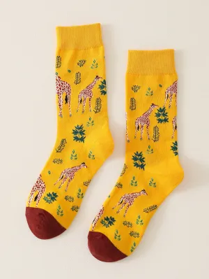 Giraffe & Leaf Pattern Crew Socks for Men Fun Socks Funky Socks Novelty Socks