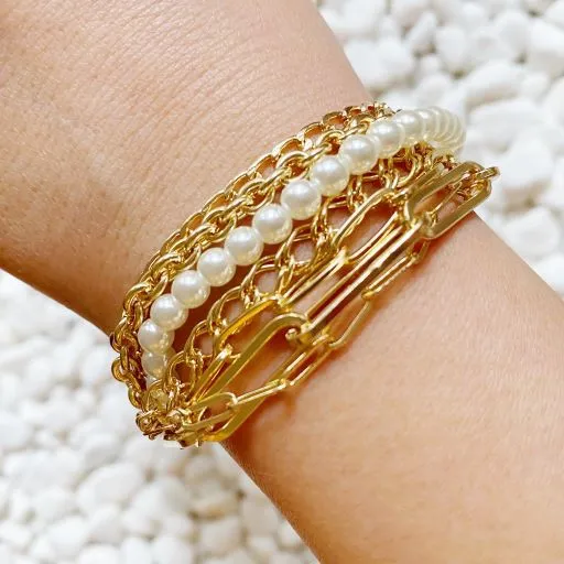 Gold-Plated Brass Multi Chain Pearl Bracelet