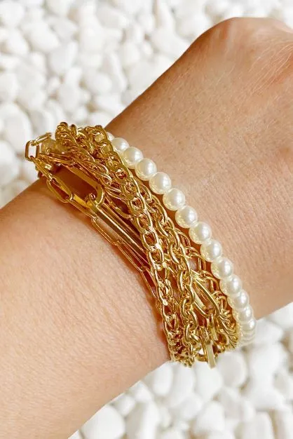 Gold-Plated Brass Multi Chain Pearl Bracelet