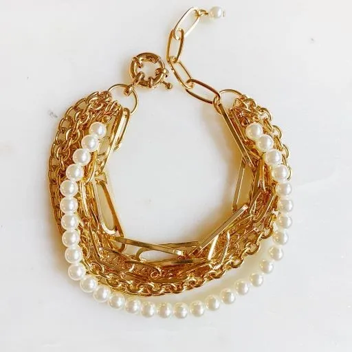 Gold-Plated Brass Multi Chain Pearl Bracelet