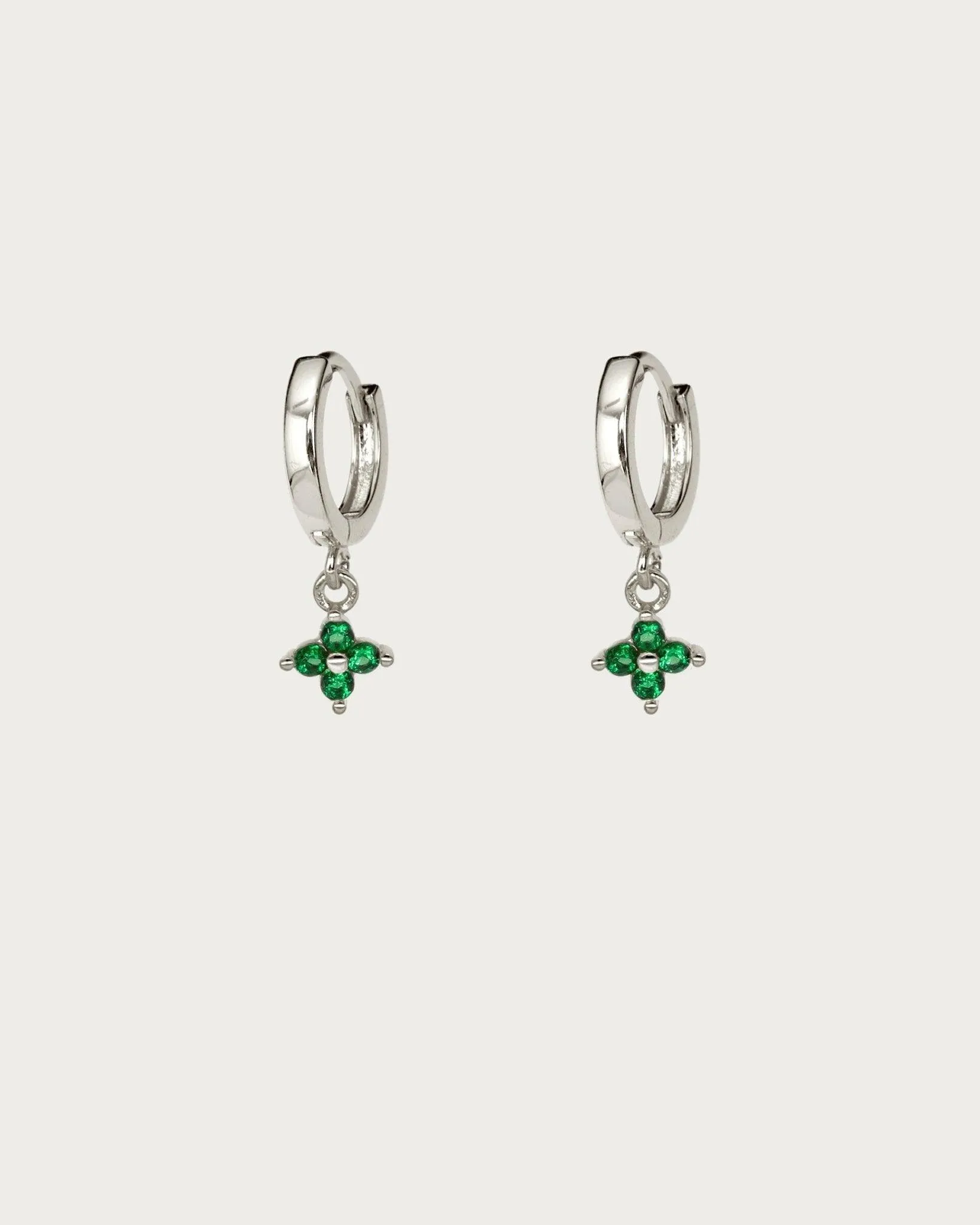 Green Clover Hoop Earrings in Silver