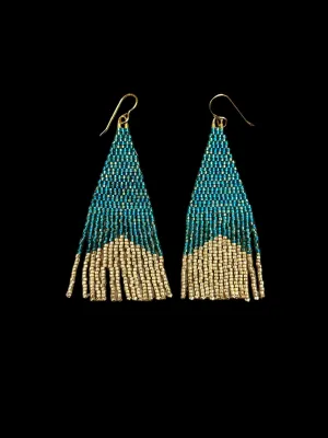 Green with Gold Fringe Beaded Earrings