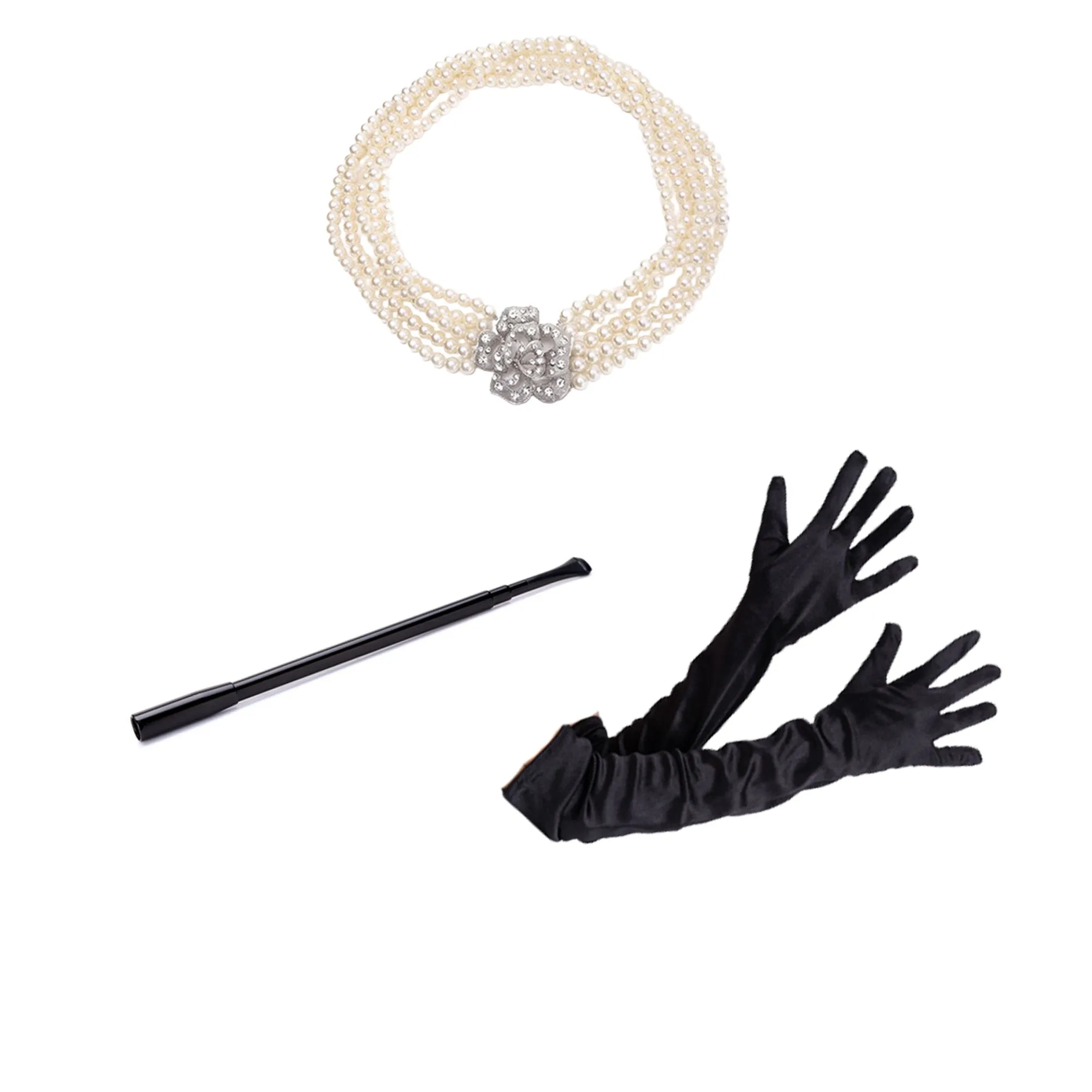 Holly Golightly Costume Women Accessories Set for Halloween Fancy 5 Strand Pearl Necklace with Flower Pendant Functional Long Extendable Cigarette Holder and Long Black Opera Satin Gloves (Rental)