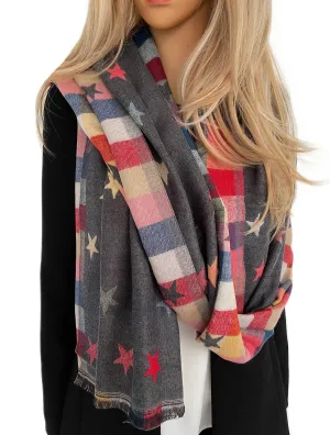 LARGE GREY STAR PRINT REVERSIBLE WINTER SHAWL BLANKET SCARF