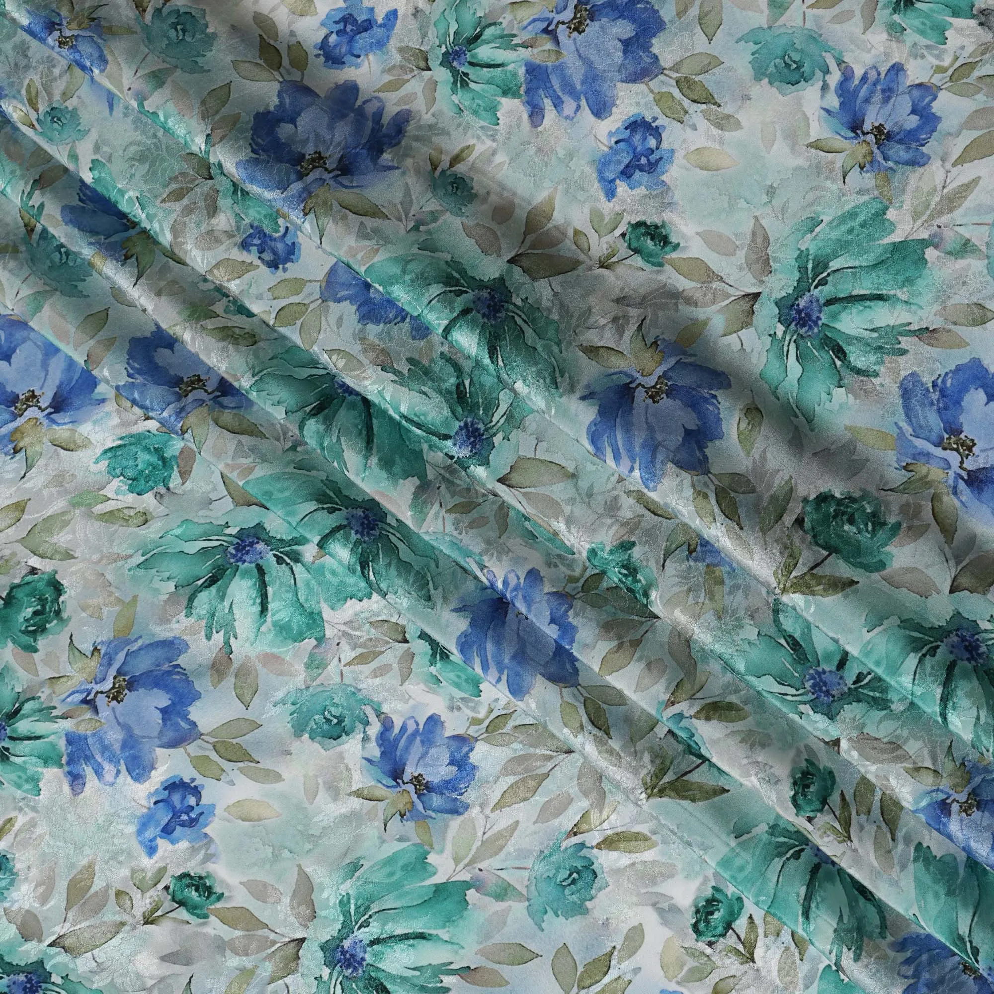 Light Blue Indian Viscose Modal Satin Fabric, Green & Blue Floral Print, 110 cm Width-D20934