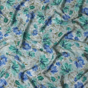 Light Blue Indian Viscose Modal Satin Fabric, Green & Blue Floral Print, 110 cm Width-D20934