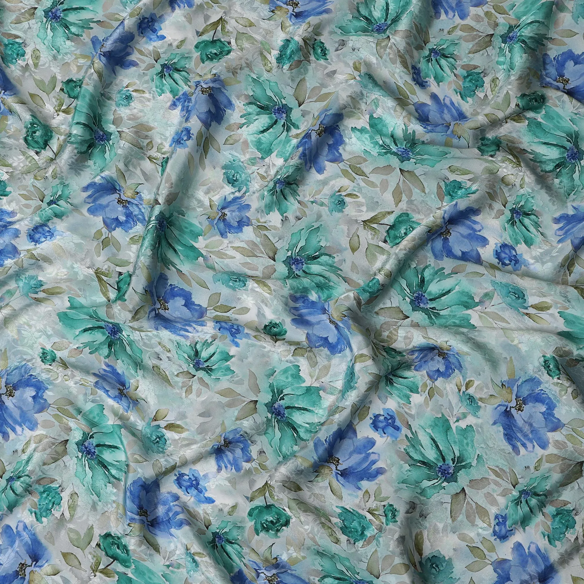 Light Blue Indian Viscose Modal Satin Fabric, Green & Blue Floral Print, 110 cm Width-D20934