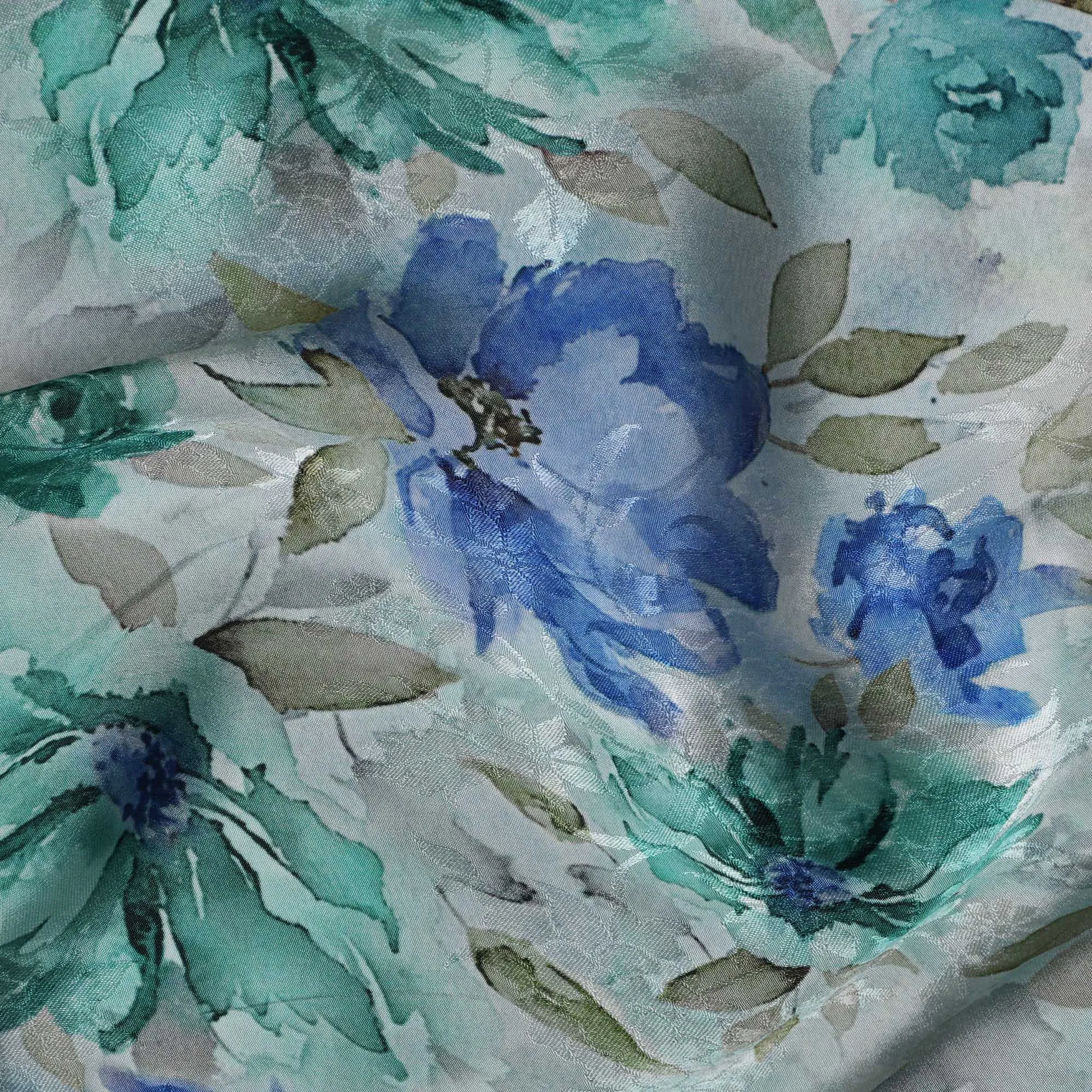 Light Blue Indian Viscose Modal Satin Fabric, Green & Blue Floral Print, 110 cm Width-D20934