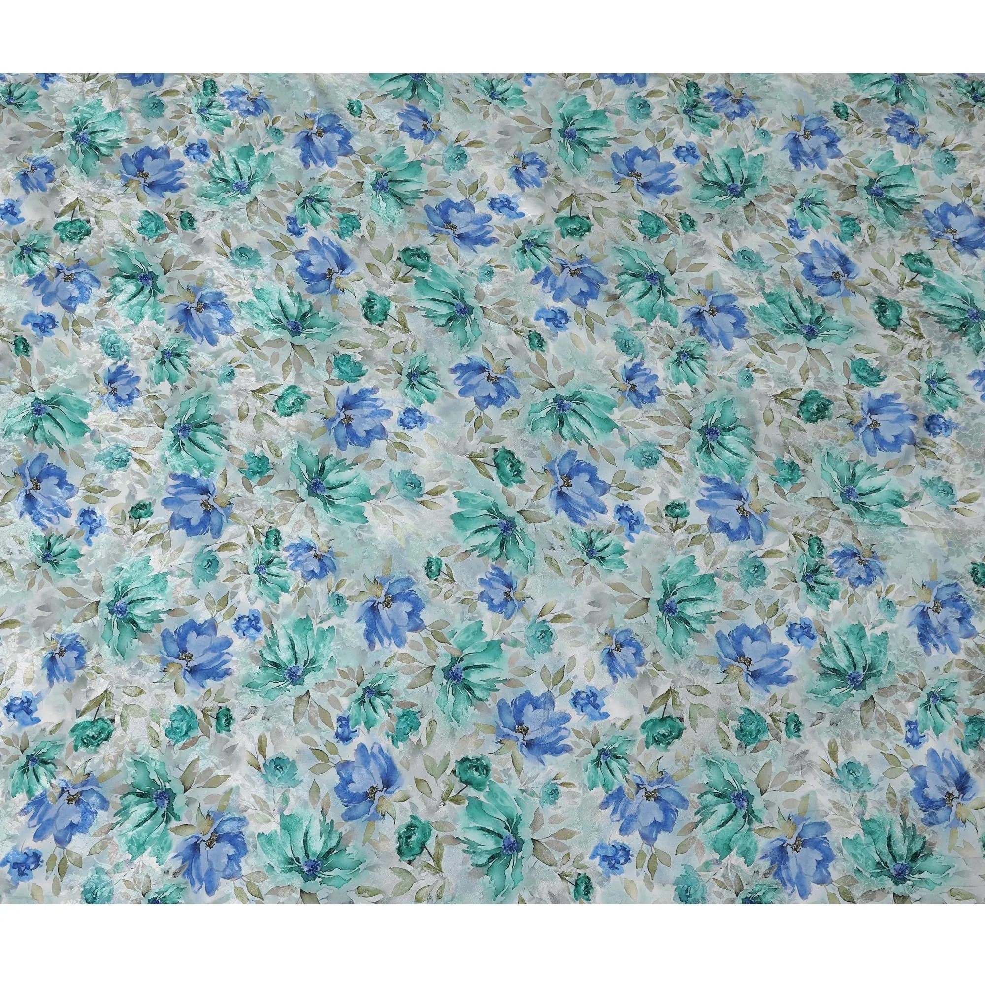 Light Blue Indian Viscose Modal Satin Fabric, Green & Blue Floral Print, 110 cm Width-D20934