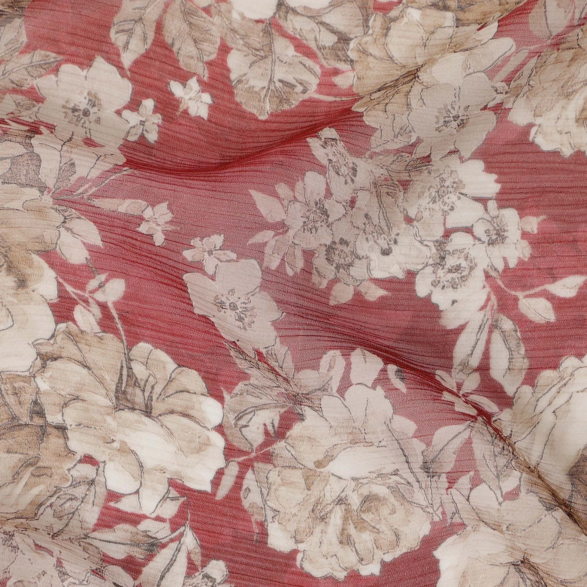 Maroon Synthetic Crepe Fabric with Beige Floral Print, 110 cm Width-D20688