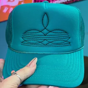 Online Exclusive | Black Boot Stitch Foam Trucker Cap in Solid Jade Blue