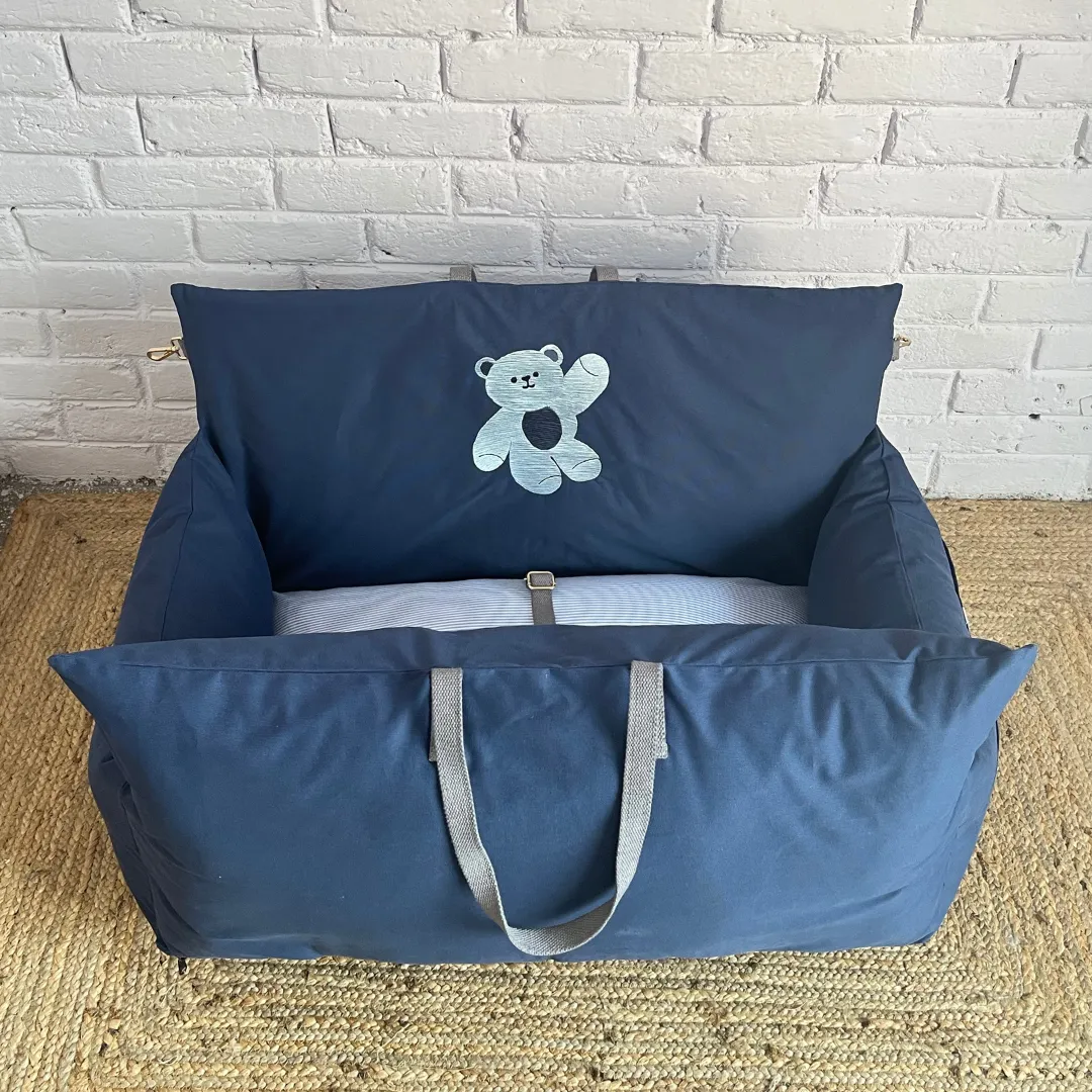 PoochMate OAK 3.0 :  Travel Dog Bed Blue with Bear Embroidery Medium