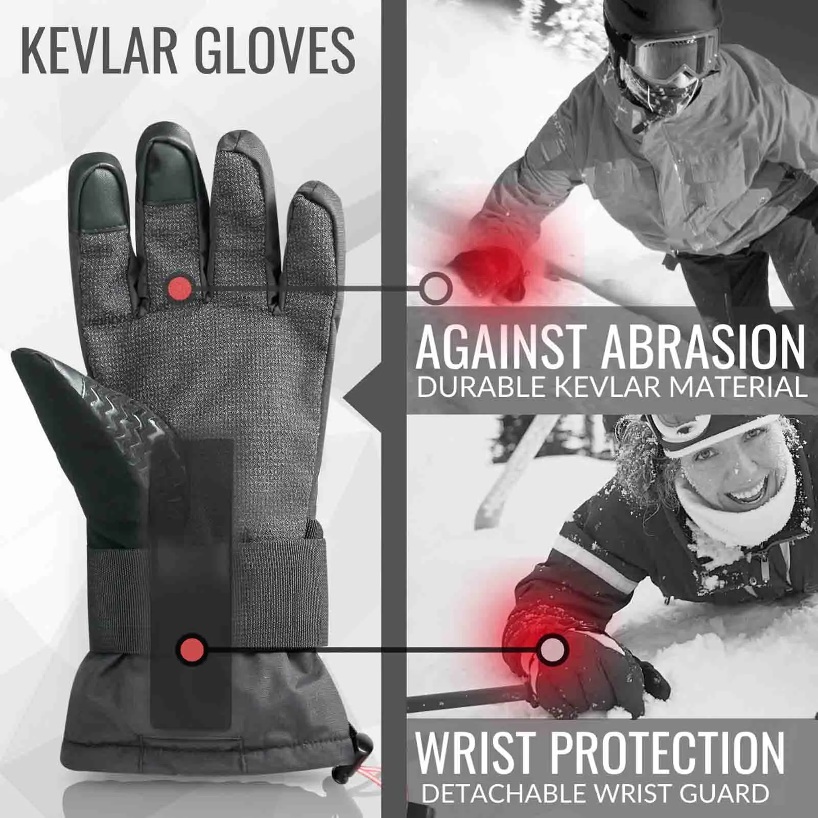 Snowboard & Ski Carving Gloves with Removable Wrist Guard, Liner and Enhanced Palm