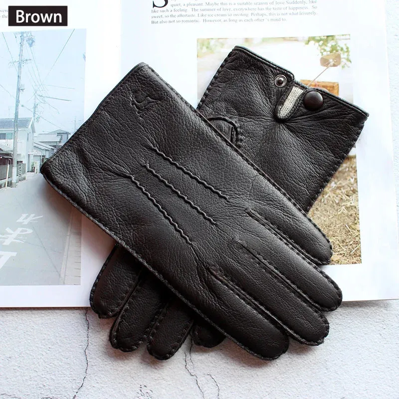 Winter Driving Leather Deerskin Gloves Men's Fashion New Wool Lining