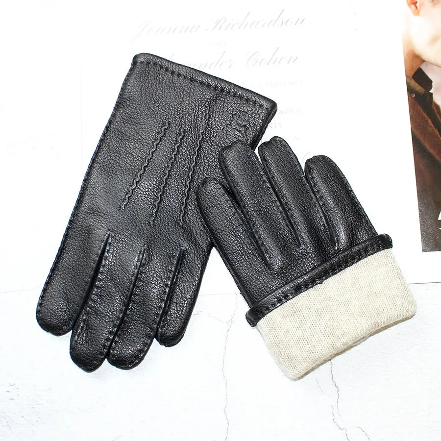 Winter Driving Leather Deerskin Gloves Men's Fashion New Wool Lining