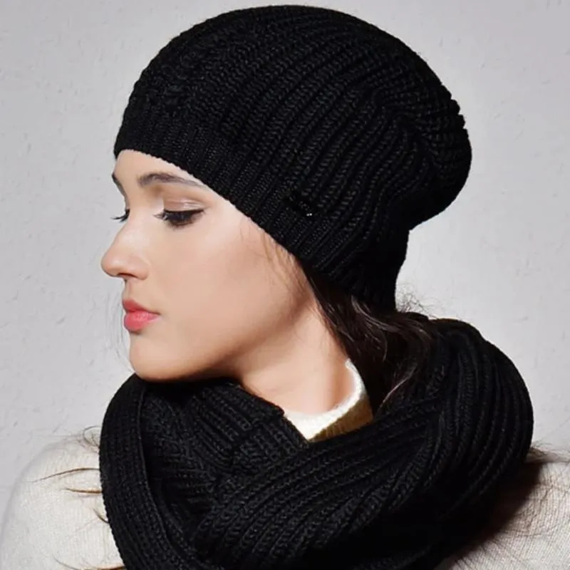 Wool Slouchy Infinity Scarves And Casual Warm Knitted Winter Beanie